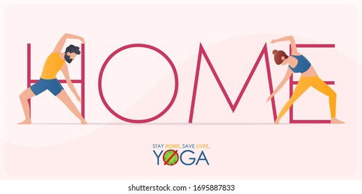 Coronavirus or covid-19 banner in stay home and do yoga concept. Couple yoga poses workout for stop coronavirus banner template design for headline news. Vector illustration.