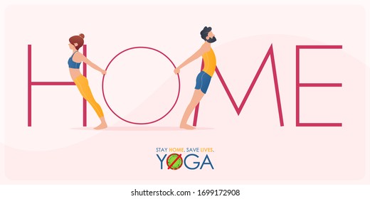 Coronavirus or covid-19 banner in stay home and do yoga at home concept. Couple yoga poses workout for stop coronavirus banner template design for headline news. Vector illustration.