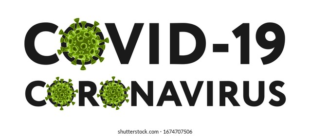 Coronavirus and Covid-19, black text with elements of the green bacteria of the Wuhan virus. Text for your design with 3D bacteria, isolated on white background. Vector illustration