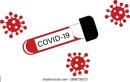 Coronavirus (COVID-19) Blood Test Tube Icon, Illustration In Color With Virus Cells Around Vile Marked With The Disease Name.  Vector Icon Isolated On White Background. 