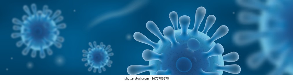 Coronavirus covid-19  blue banner. Respiratory infection causing pneumonia and lung disease. Vector illustration in realistic 3D style.