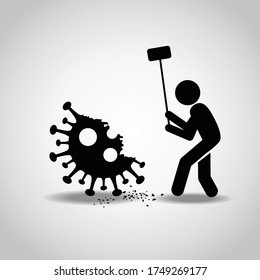 Coronavirus COVID-19, breaking activity, game and event. Vector artwork of people using sledgehammer to break Coronavirus.