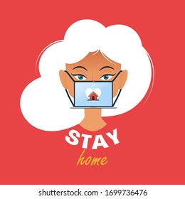 Coronavirus (COVID-19) campaign to stay at home. Girl woman with laptop mask for protection coronavirus. Stay home.