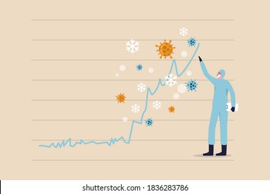 Coronavirus COVID-19 Cases Spike Rising Up In Winter Holiday Or Cold And Fever Season Concept, Medical Front Line Staff Standing With Spike COVID-19 Cases Chart Or Graph With Winter Snow And Virus.