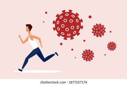 Coronavirus covid19 cells chasing man concept vector illustration. Cartoon male character running away from aggressive dangerous virus pathogens to protect health, to avoid viral infection background