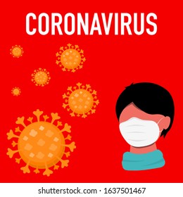 Coronavirus (COVID-19) in China, man in medical face mask. Concept of coronavirus quarantine. Symbols of virus on a red background.