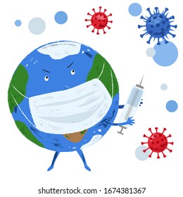 Coronavirus COVID-19  in China. Planet earth in a medical face mask with a virus vaccine in syringe. World virus. Coronavirus Bacteria. Coronavirus quarantine. Vector corona virus background.