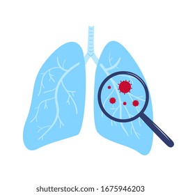 Coronavirus COVID-19. Chinese Virus in the lungs under a magnifying glass. Symptoms. Human sickness. Colds and inflammation. Pneumonia