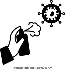 Coronavirus covid-19 Cleaning and Prevention Concept Vector Glyph Icon design, Home and Office Disinfecting and Decontamination Services Symbol, Human Hand Holding Spray and Killing Viruses