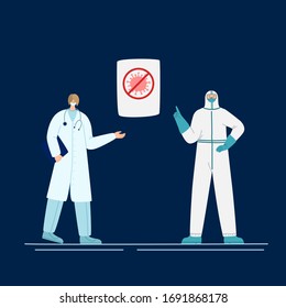 Coronavirus covid-19 concept - doctors or scientists in medical robe and protective suits and masks point to information poster, epidemic control, flat cartoon people isolated - vector illustration