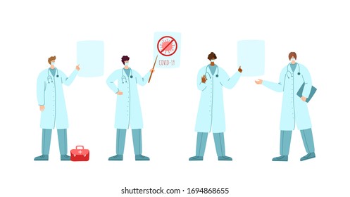 Coronavirus covid-19 concept - doctors or scientists in medical robe and protective facial masks point to information poster, epidemic control, flat cartoon people isolated - vector illustration