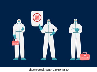Coronavirus covid-19 concept - doctors or scientists in medical robe and protective suits and masks point to information poster, epidemic control, flat cartoon people isolated - vector illustration