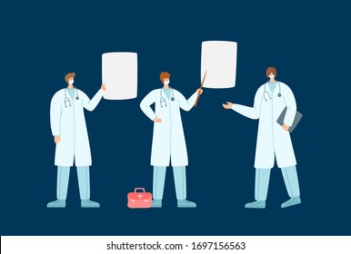 Coronavirus covid-19 concept - doctors or scientists in medical robe and protective facial masks point to information poster, epidemic control, flat cartoon people isolated - vector illustration