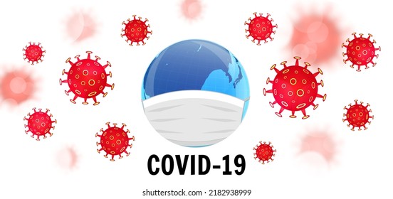 Concepto de Coronavirus COVID-19. La Tierra con una máscara médica. Brote peligroso de coronavirus nCoV. Concepto médico pandémico con células peligrosas.