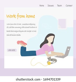 Coronavirus COVID-19 concept, Stay at home. Company employees can work at home to avoid dangerous viruses and reduce congestion.  Vector flat style illustration. Woman working on laptop at her house.
