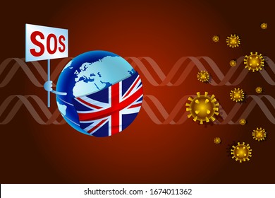 Coronavirus COVID-19 concept for United Kingdom. Earth in a medical mask with Union Jack flag asks SOS for help from corona virus COVID-19 against the background of DNA