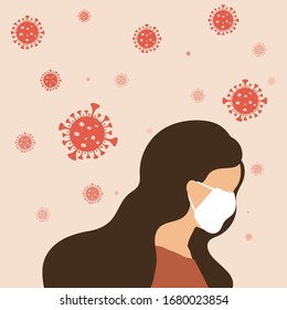 Coronavirus COVID-19 concept. Women wearing virus protection mask floating in the air. Vector illustration.