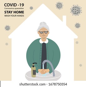 Coronavirus COVID-19. 
Conceptual Quarantine Poster Stay Home And Wash Hands. Old Women standing in house with viruses around. Pneumonia 
Pandemic. vector stock illustration about epidemic risk group.