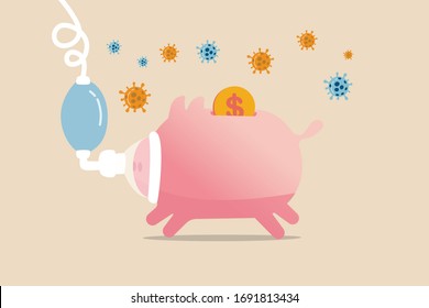 Coronavirus COVID-19 crash causing economic recession, global economics critical impact from Coronavirus outbreak concept, sick piggy bank in critical put on ventilator with COVID-19 virus pathogen.