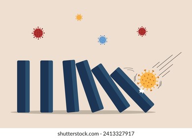 Coronavirus COVID-19 Krisenauswirkungen Finanz- und Weltwirtschaft schaffen Dominoeffekt auf Finanzkrise und Rezessionskonzept, COVID-19 Virus-Pathogen Einfluss Domino zu Fall Domino-Effekt