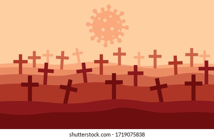 Coronavirus covid-19 death with grave crosses. Bare cross in cemetery. vector illustration