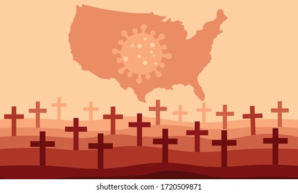 Coronavirus covid-19 death with grave crosses and USA united states of america map in background. Bare cross in cemetery. vector illustration