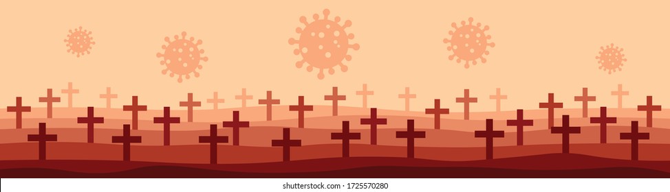 Coronavirus Covid-19 Death With Grave Crosses. Bare Cross In Graveyard Cemetery. Vector Illustration