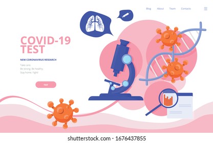 Coronavirus COVID-19 diagnostics concept vector illustration. Virology diagnostics site landing page wireframe.  2019-ncov coronavirus conference report or poster presentation template.