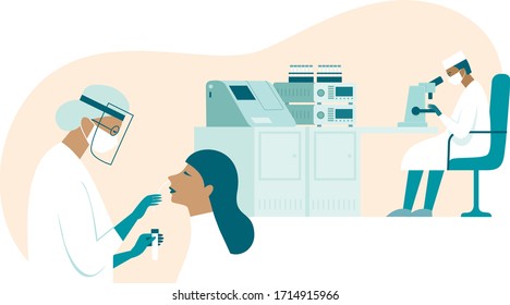 Coronavirus COVID-19 diagnostics. Doctor wearing full antiviral protective gear making nasal swab test for patient. Labaratory assistant examines test samples with microscope. Flat vector illustratio