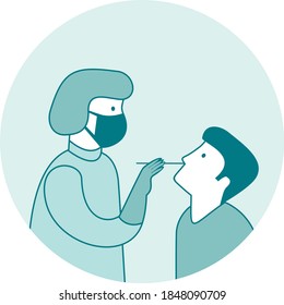 Coronavirus COVID-19 diagnostics. Doctor wearing full antiviral protective gear making nasal swab test for patient. COVID-19 testing site icon. Flat vector illustration