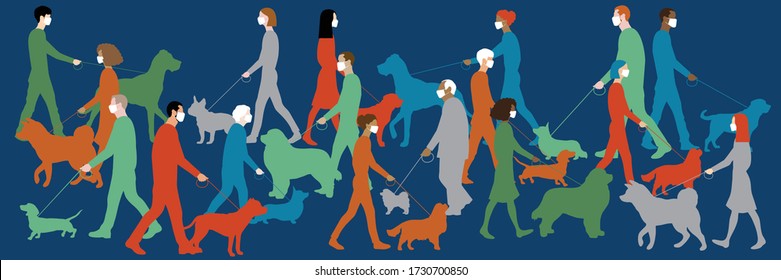 Coronavirus, Covid-19. Different people wearing white medical masks and walking dogs. Each person with dog on a separate layer. Colorful, vector 