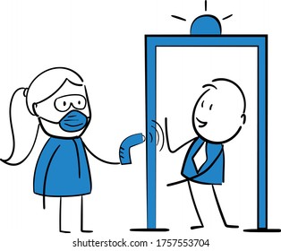Coronavirus y covid-19 . Médico que usa termómetro para escanear a personas en el punto de control de la puerta para detectar el concepto de protección de covid-19.
Chica y niño Hand dibujó el personaje de caricatura del doodle. Atención médica y medicina.