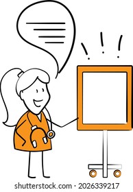 Coronavirus and covid-19. Doctor with whiteboard in hospital clinic doing announcement. Girl Hand drawn doodle line art cartoon design character. Health care and medicine.isolated vector illustration