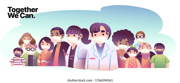 Coronavirus, COVID-19. Doctors And Group Of People In Various Ethnic Group And Age Wearing White And Black Face Mask. Vector Cartoon Illustration