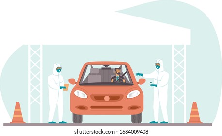 Coronavirus COVID-19 Drive Through Testing Site. Medical Workers In Full Protective Gear Takes Sample From Driver Inside The Car. Drive-thru Test Site Concept. Flat Vector Illustration