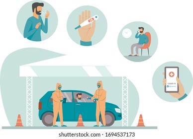 Coronavirus COVID-19 Drive Through Testing Site Concept, Medical Worker In Full Protective Gear Takes Sample From Senior Patient At A COVID-19 Drive-thru Test Site 