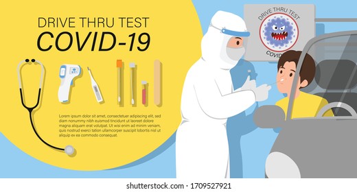 Coronavirus COVID-19 drive through testing infographic, Vector illustration with Medical workers in full protective suit and medical appliance takes sample from customer