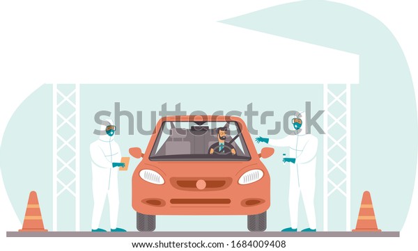 Coronavirus\
COVID-19 drive through testing site. Medical workers in full\
protective gear takes sample from driver inside the car. Drive-thru\
test site concept. Flat vector\
illustration