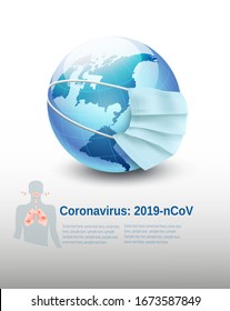 Coronavirus, COVID-19, Earth globe wearing protective Medical Surgical mask isolated. Vector illustration