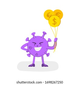 Coronavirus covid-19 economic crisis concept - angry virus grabs gold coin or money, evil bacterium and global financial situation - funny flat cartoon character spot illustration - vector