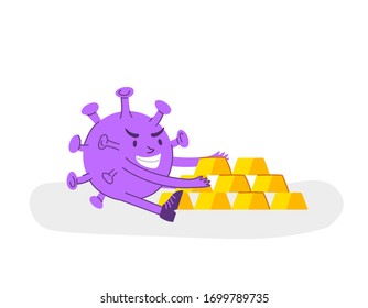 Coronavirus covid-19 economic crisis concept - evil virus stealing gold bars or money, angry bacterium global economic situation - funny flat cartoon character spot illustration - vector