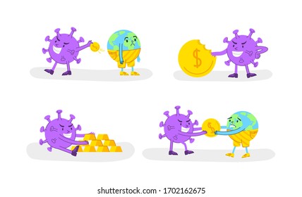 Coronavirus covid-19 economic crisis concept - angry virus stealing gold coin or money from sad planet Earth, evil bacterium and upset globe - funny flat cartoon character spot illustration vector set