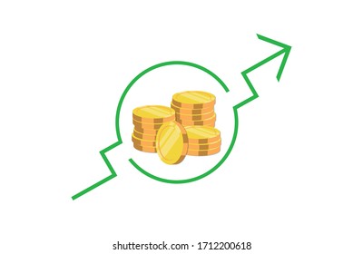 Coronavirus or Covid-19 economic impact on economy and business, The economy will be good. Green arrow upwards and coin. Growing graph icon, vector isolated symbol.