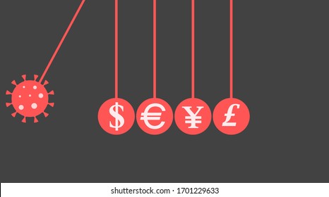 Coronavirus COVID-19 Economy Impact to World Global Financial Crisis, Recession and Great Economic Depression in Curreny Ball Marbles Swing Illustration. Can be Used for Web, Infographic and print.