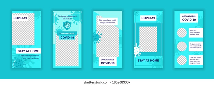 Coronavirus covid-19 editable templates set for stories. Stay at home, coronavirus pandemic layouts. Design for social networks. Story mockup with free copy space vector illustration.