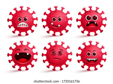 Coronavirus covid-19 emoji vector set. Covid19 ncov virus emoji with red scary, surprise and naughty facial expressions for global pandemic outbreak collection isolated in white. Vector illustration.