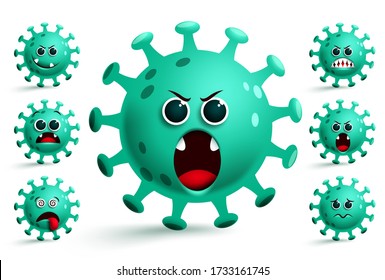 Coronavirus covid-19 emoji vector set. Green covid-19 corona virus emoji and emoticon with angry facial expression for corona outbreak collection isolated in white background.Vector illustration.