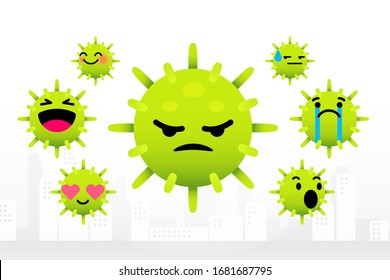 Coronavirus or COVID-19 emoticon, icon, symbols, illustration in happy, sad and angry feeling on city background.