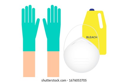 Coronavirus or Covid-19 epidemic concept. Safety mask, gloves and bleach vector illustration