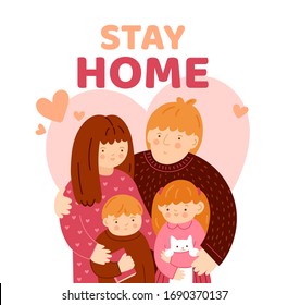 Coronavirus Covid-19. Family portrait, kids and parents, staying home . Quarantine, self-isolation, health care concept. Vector flat illustration.